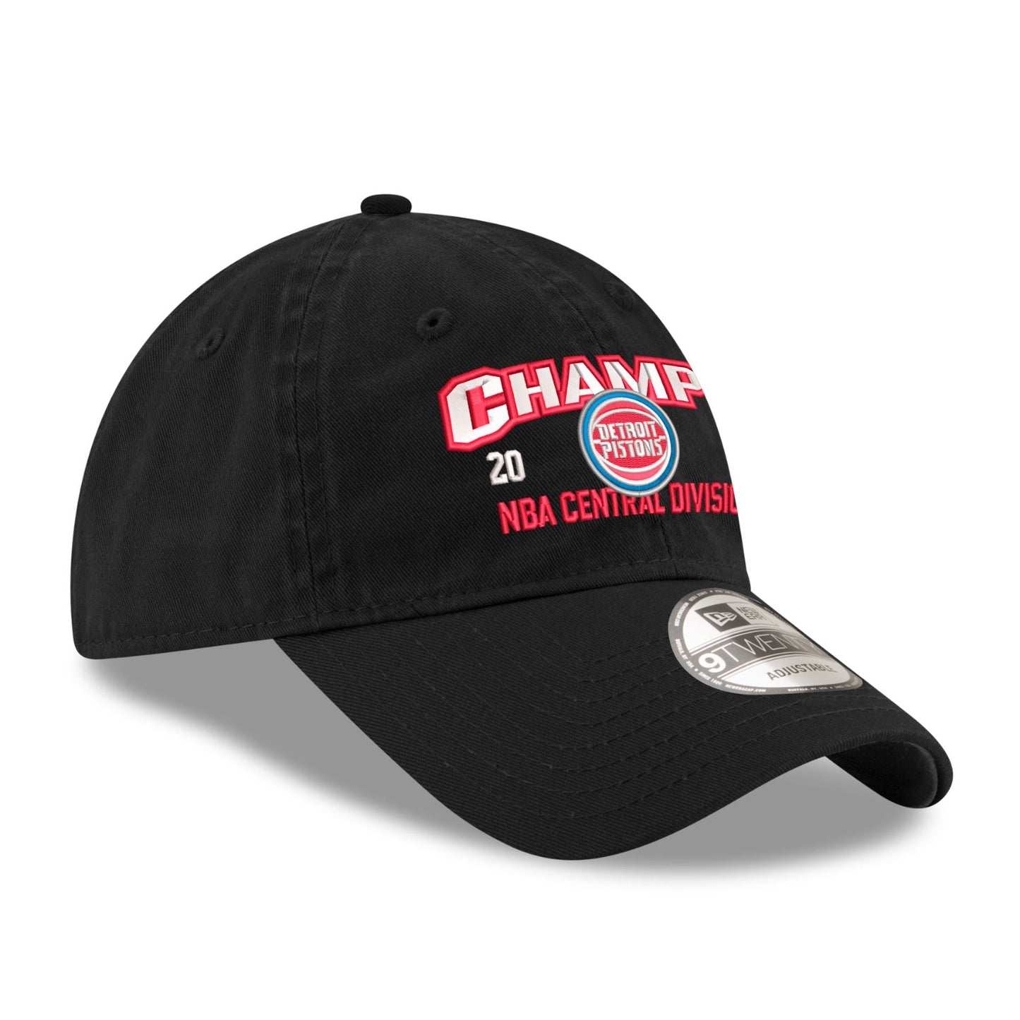 Detroit Pistons 2025-26 Central Division Champs New Era 920 Adjustable Hat in Black - Front Right View