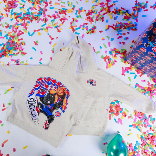 Detroit Pistons x Kiwiclo Hooper's Birthday Dunk Hoodie in White - Front and Back View