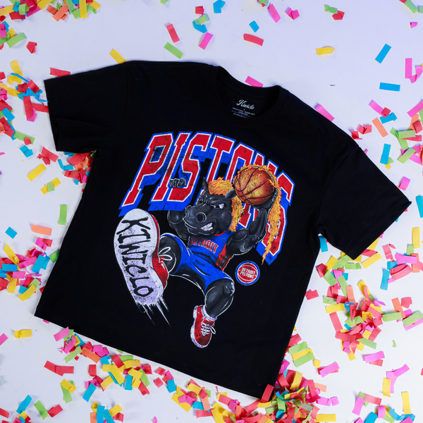 Detroit Pistons x Kiwiclo Hooper's Birthday Dunk T-Shirt in Black - Front View