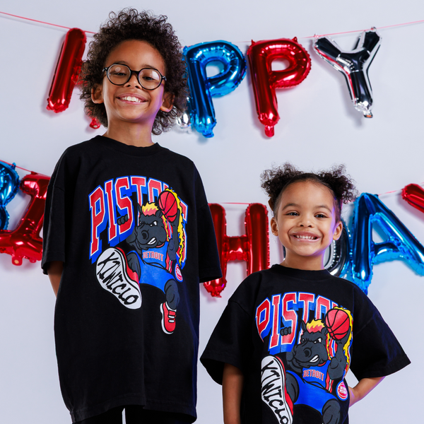 Youth Detroit Pistons x Kiwiclo Hooper's Birthday Dunk T-Shirt in Black - Front View