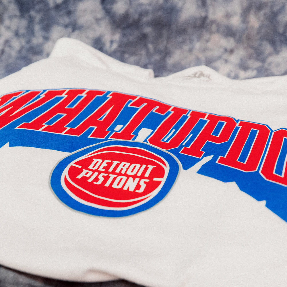 Detroit Pistons Whatupdoe Long Sleeve T-Shirt in White - Front View
