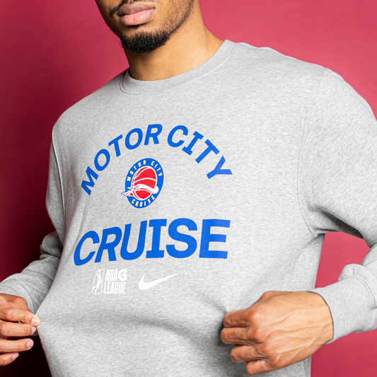 Model Wears Motor City Cruise Nike Club Fleece Crewneck Sweatshirt in Grey - Front View