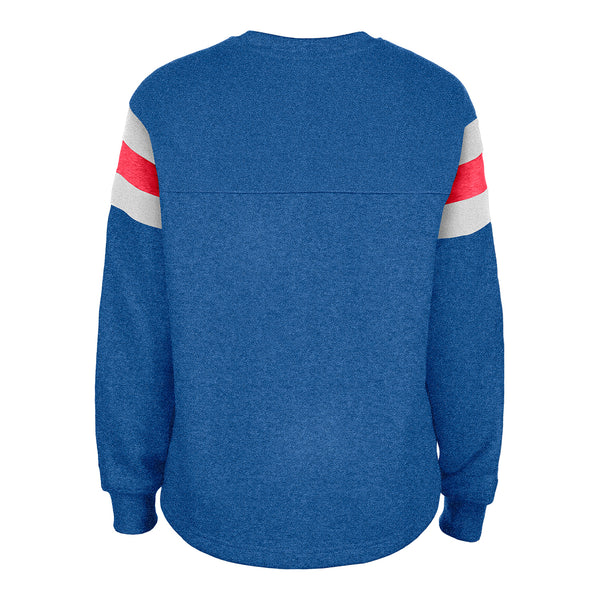 Ladies Detroit Pistons New Era Throwback Striped Crewneck Sweatshirt in Blue - Back View