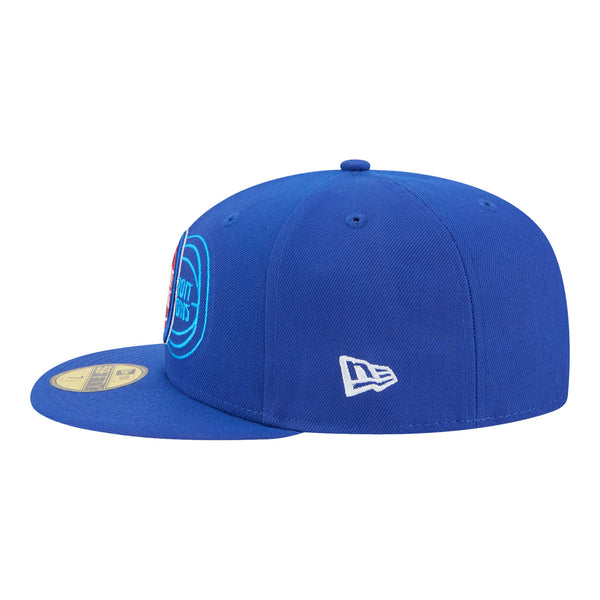 Detroit Pistons New Era 5950 Tri-Logo Fitted Hat in Blue - Front Left View