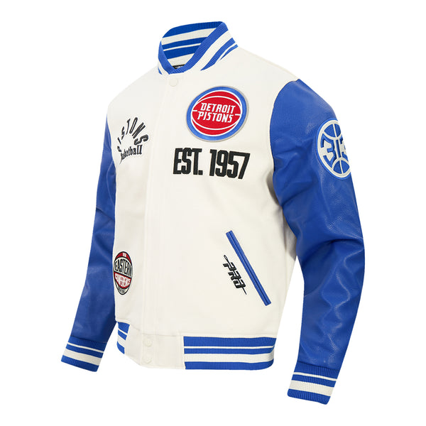 Detroit Pistons Pro Standard Modern Originals Varsity Jacket in White - Front Left View