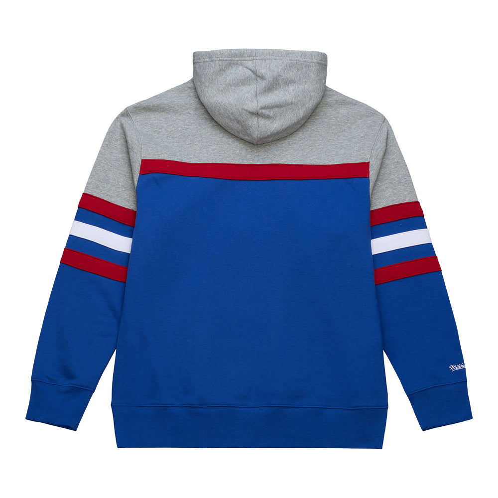 Detroit Pistons Mitchell & Ness Head Coach Hoodie in Grey, Blue, and Red - Back View