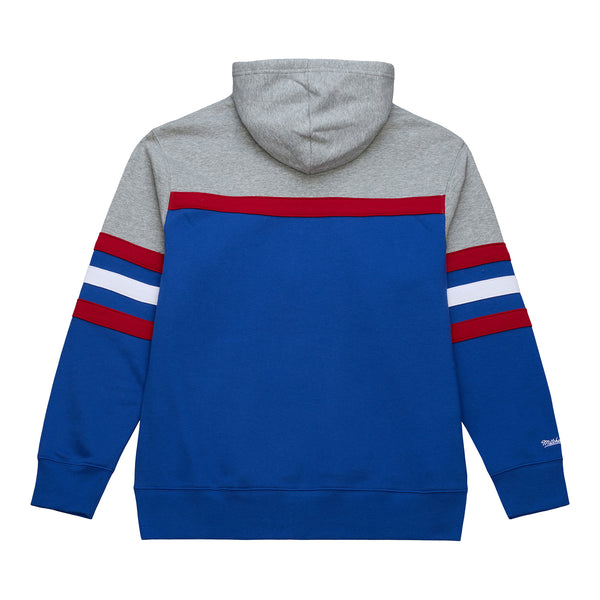 Detroit Pistons Mitchell & Ness Head Coach Hoodie in Grey, Blue, and Red - Back View