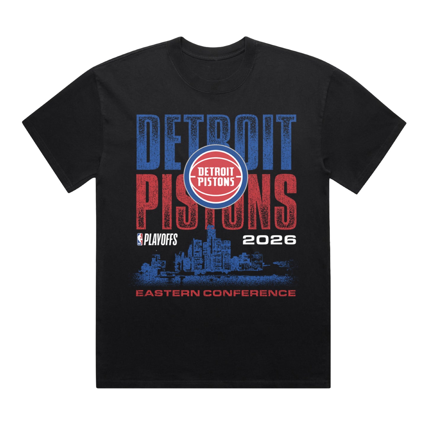 Detroit Pistons Playoffs '26 Skyline T-Shirt in Black - Front View