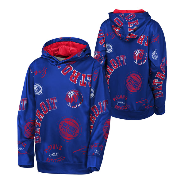 Youth Detroit Pistons Moving Violation Hooded Sweatshirt in Blue - Front and Back View
