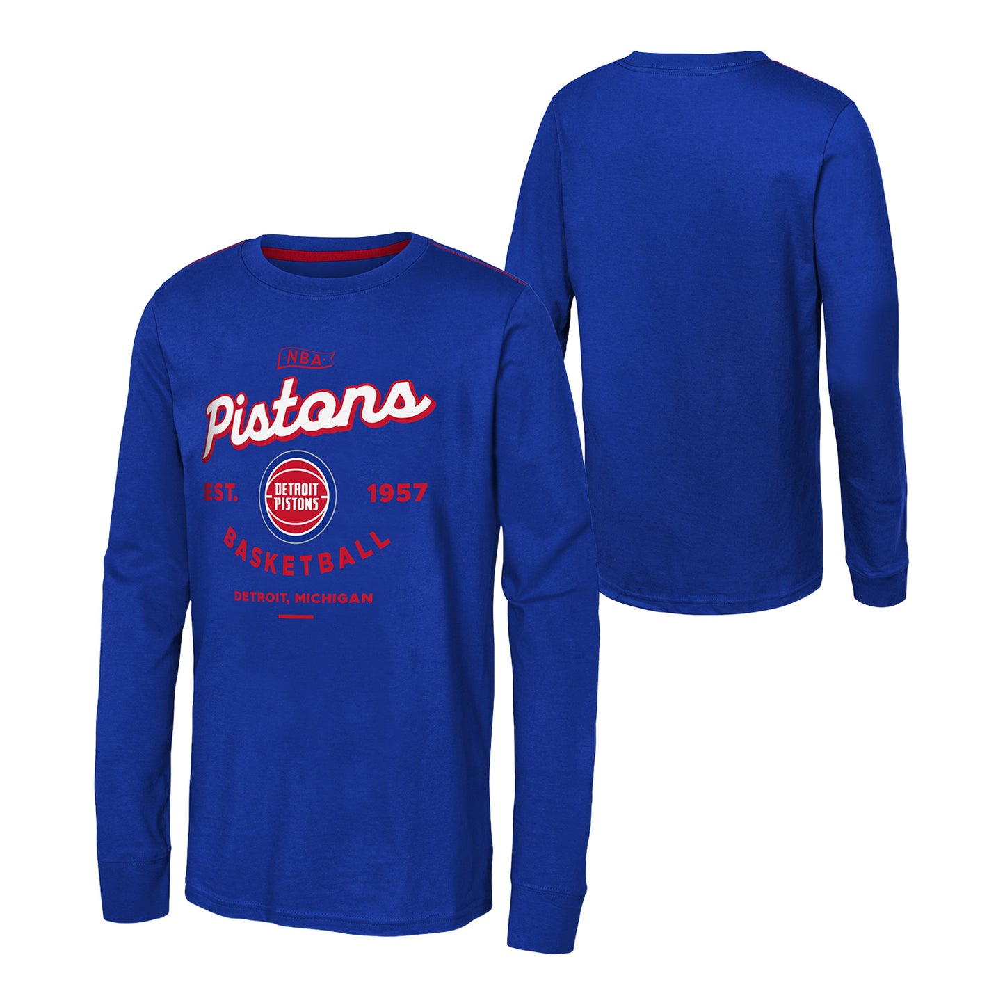 Juvenile Detroit Pistons Low Post Long Sleeve T-Shirt in Blue - Front and Back View