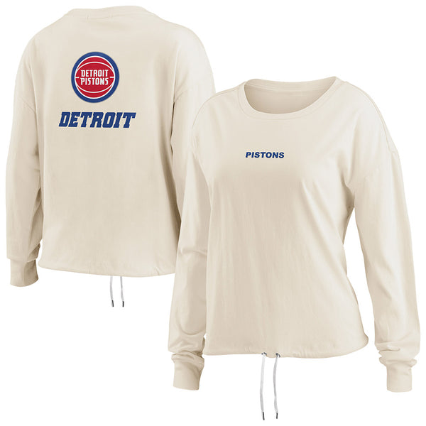 Ladies Wear by Erin Andrews Pistons Long Sleeve Draw String Crop T-Shirt in Cream - Front and Back View