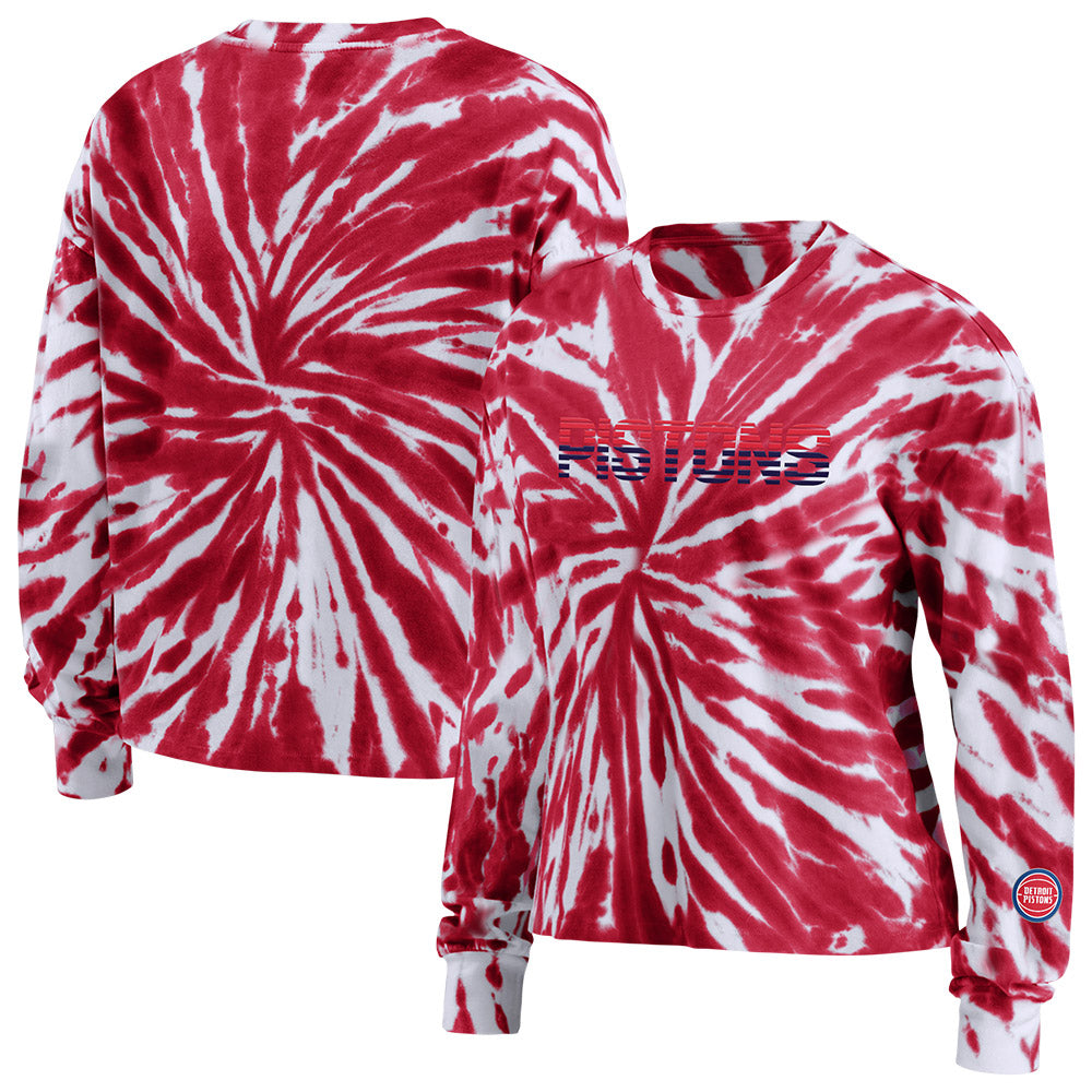 Ladies Detroit Pistons Wear By Erin Andrews Long-Sleeve Tie Dye Crop T-Shirt