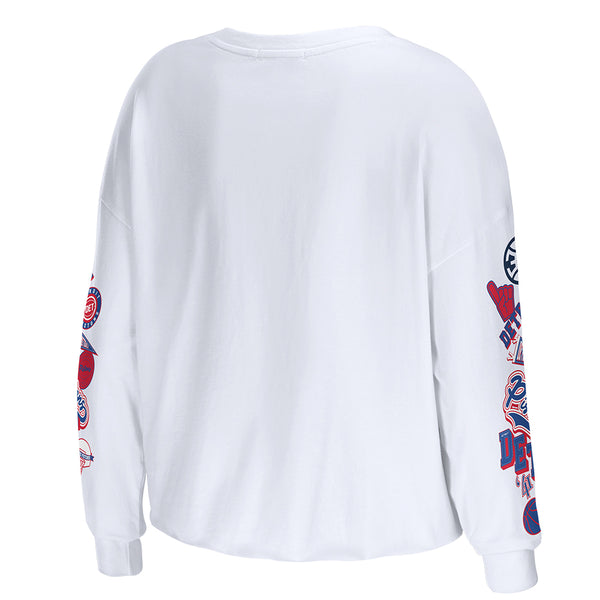 Pistons Ladies WEAR by Erin Andrews Celebration Long Sleeve T-Shirt in White - Back View