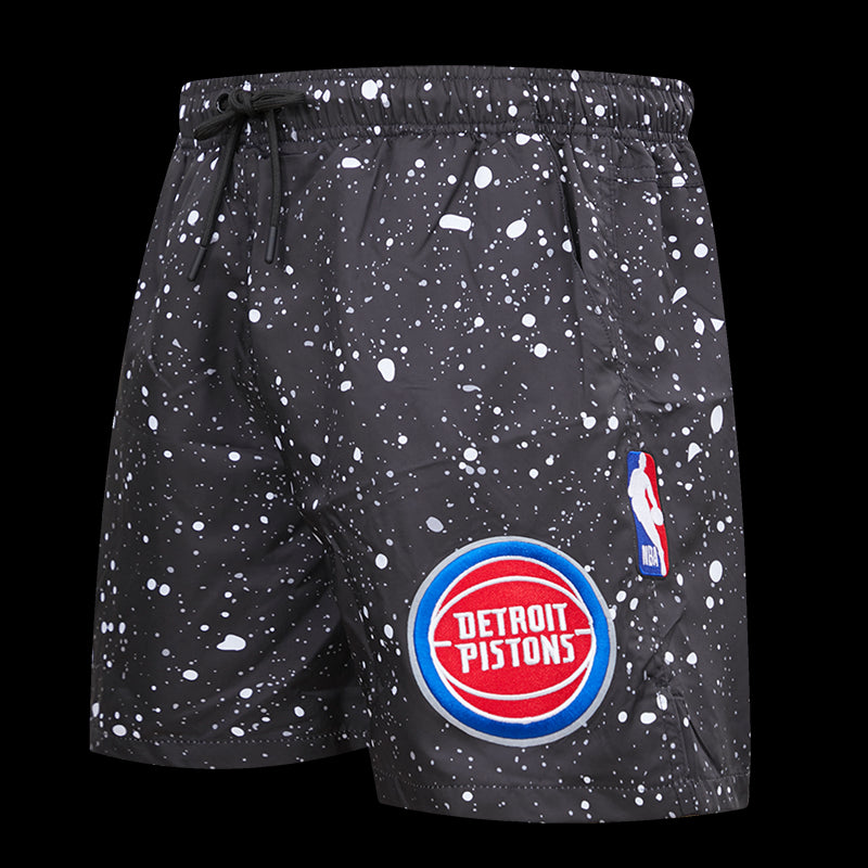 Pistons Pro Standard All Over Splatter Print Shorts in Black and White - Angled Left Side View