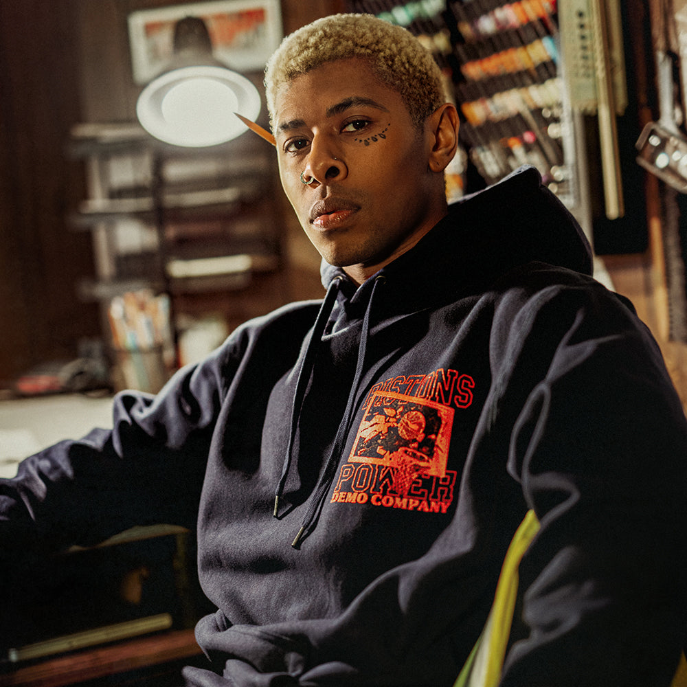 DETail Threads Pistons Garage Power Hooded Sweatshirt in Black - Front View, Worn
