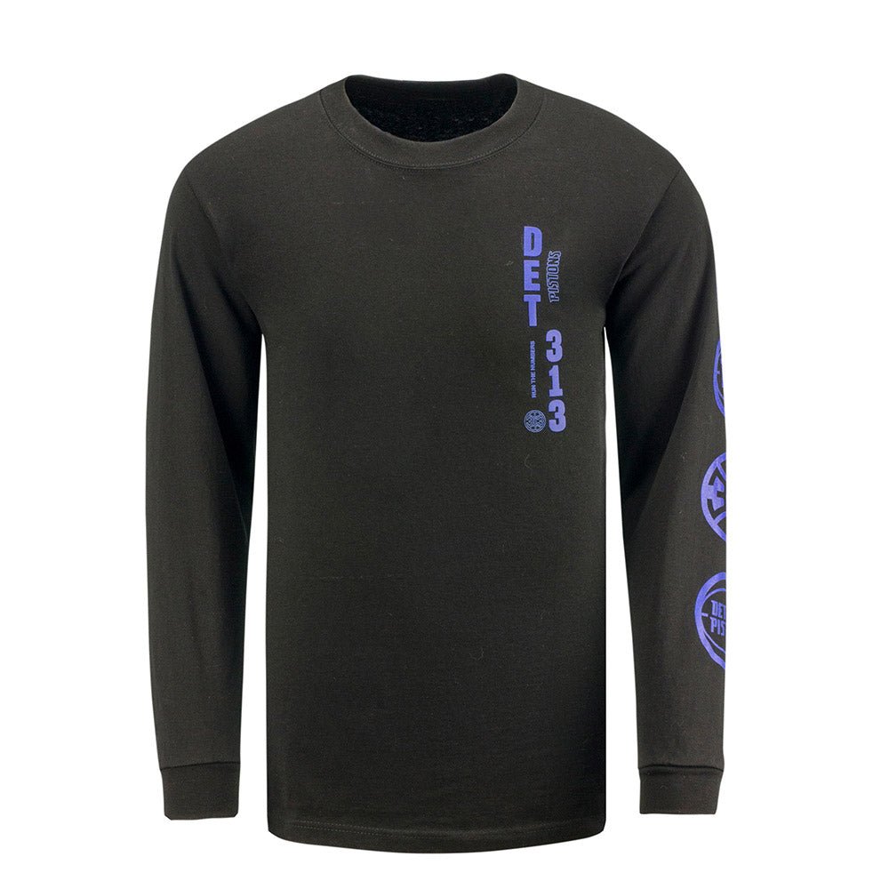 Detroit Pistons DET 313 Long Sleeve T-Shirt in Black - Front View