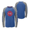 Youth Outerstuff Pistons Fadeaway Long Sleeve T-Shirt in Blue and Gray - Front and Back View