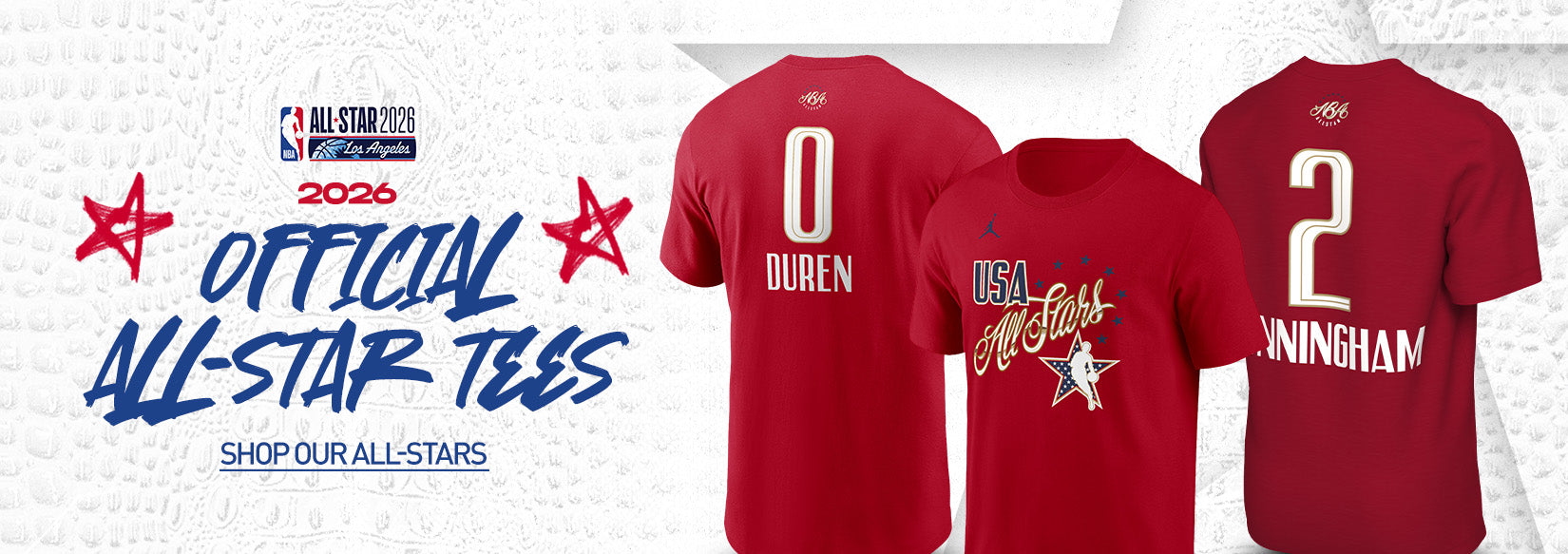 Red t-shirts with 'Official All-Star Tees' text and player names on a white background