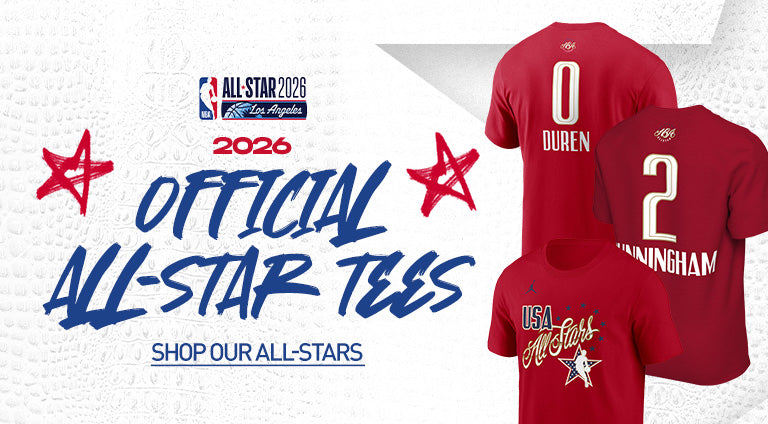 Red t-shirts with player names and numbers, featuring NBA All-Star 2026 branding.