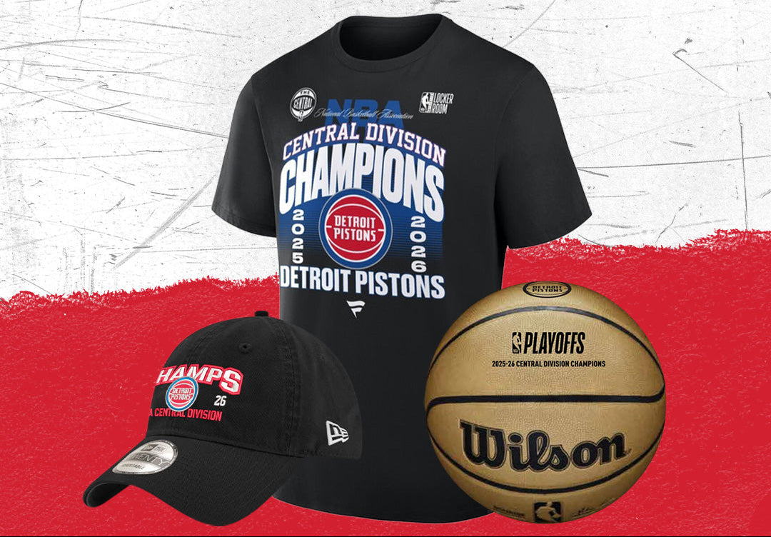 Division champion sports merchandise including a t-shirt, cap, and basketball on a red and white background.