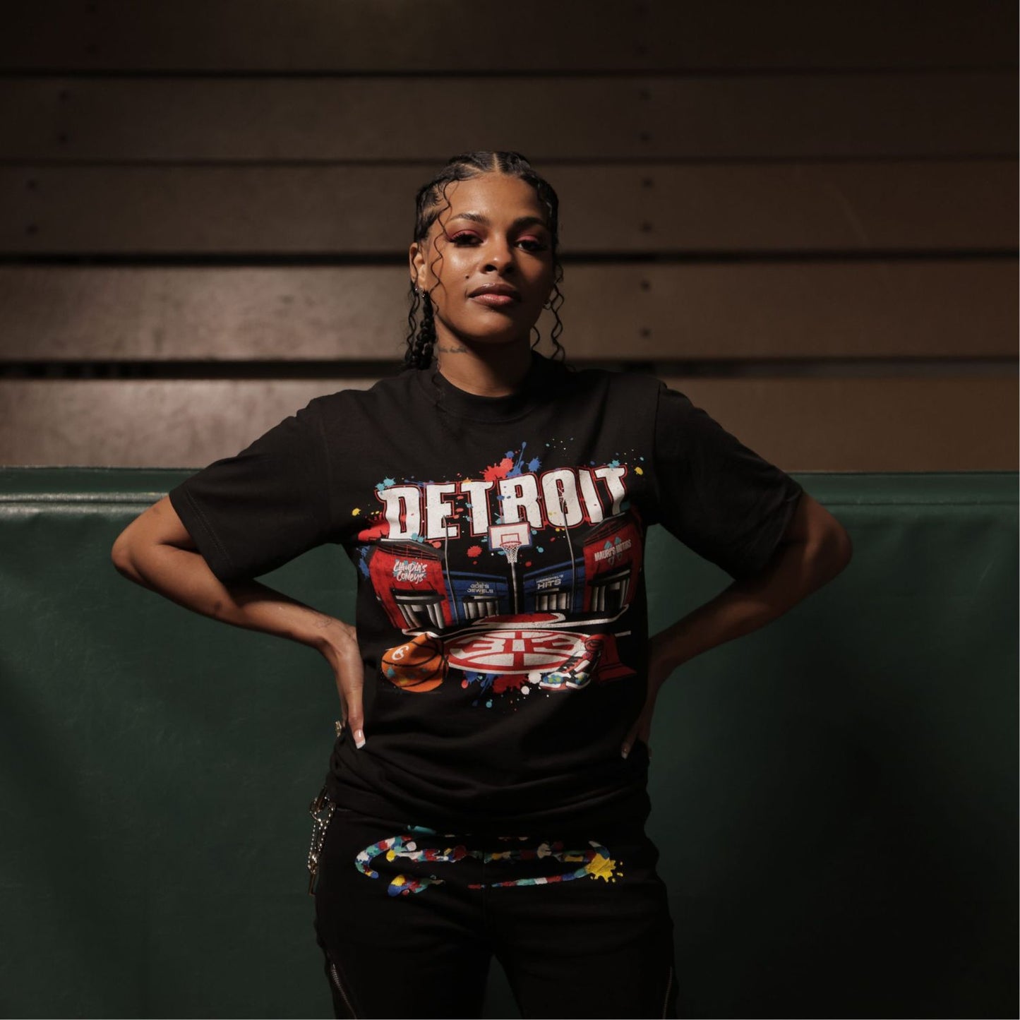 Model Wearing Pistons City of Hoop Dreams Tee By 'Kameko' in Black - Front View