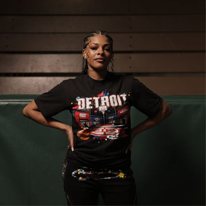 Model Wearing Pistons City of Hoop Dreams Tee By 'Kameko' in Black - Front View