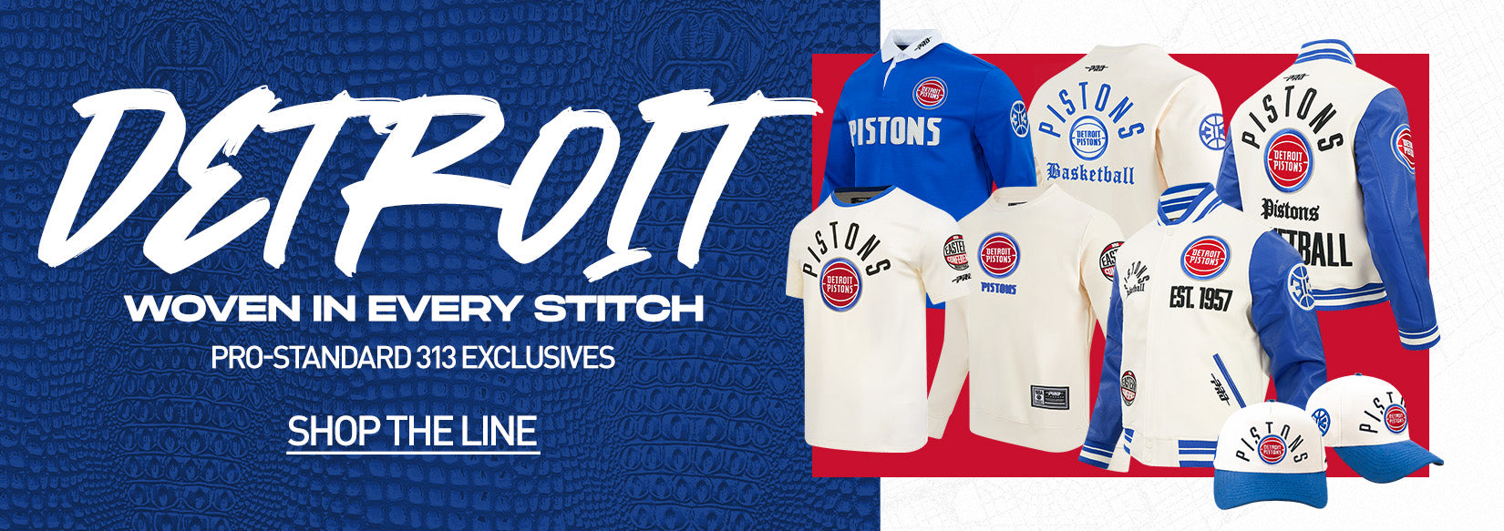 Detroit Pistons Pro Standard 313 collection featuring varsity jackets, hoodies, t-shirts, and hats in blue, red, and white with vintage Pistons graphics.