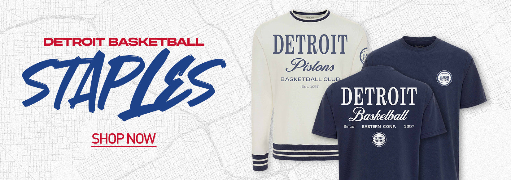 Detroit basketball-themed apparel with 'Staples' branding on a white background