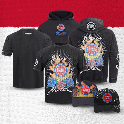 Collection of black clothing items with colorful designs on a red and white background