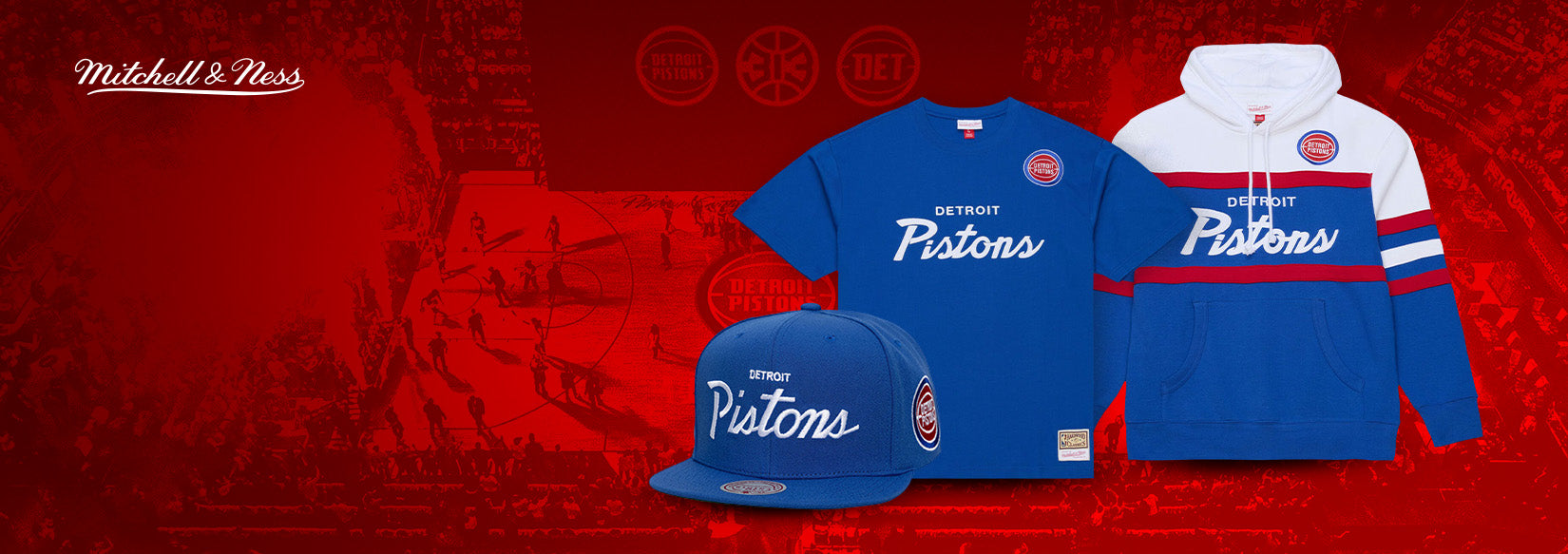 Mitchell & Ness Detroit Pistons sports apparel including a shirt, hoodie, and cap on a red background.