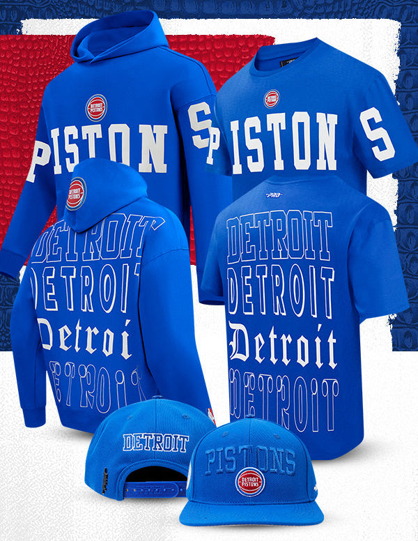 Blue Detroit Pistons streetwear collection with hoodies, t-shirts, and caps on a red and blue background.