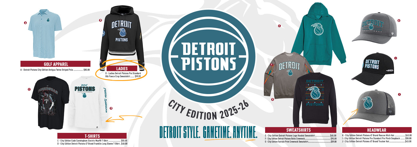 Graphic featuring the 2025-26 Detroit Pistons City Edition collection with Detroit-themed teal and black designs. Products shown include golf polos, quarter-zip jackets, a Nike pullover, City Edition hoodies, a youth sweatshirt, Cade Cunningham name and number T-shirt, long-sleeve shirt, and three hats including New Era and Pro Standard snaps. Center features a large round Detroit Pistons City Edition logo with the text ‘Detroit Style. Gametime. Anytime.’