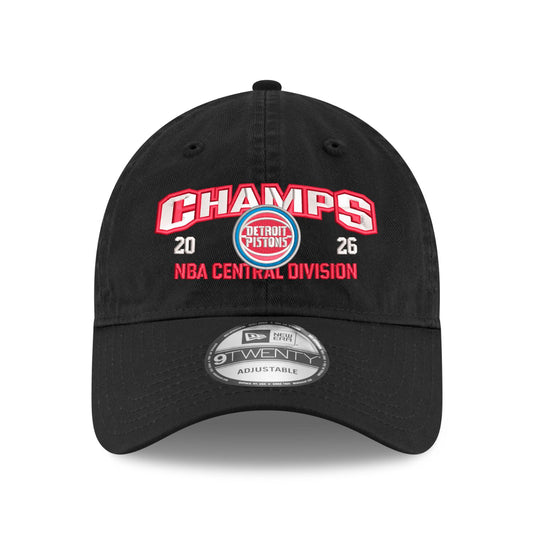 Detroit Pistons 2025-26 Central Division Champs New Era 920 Adjustable Hat in Black - Front View