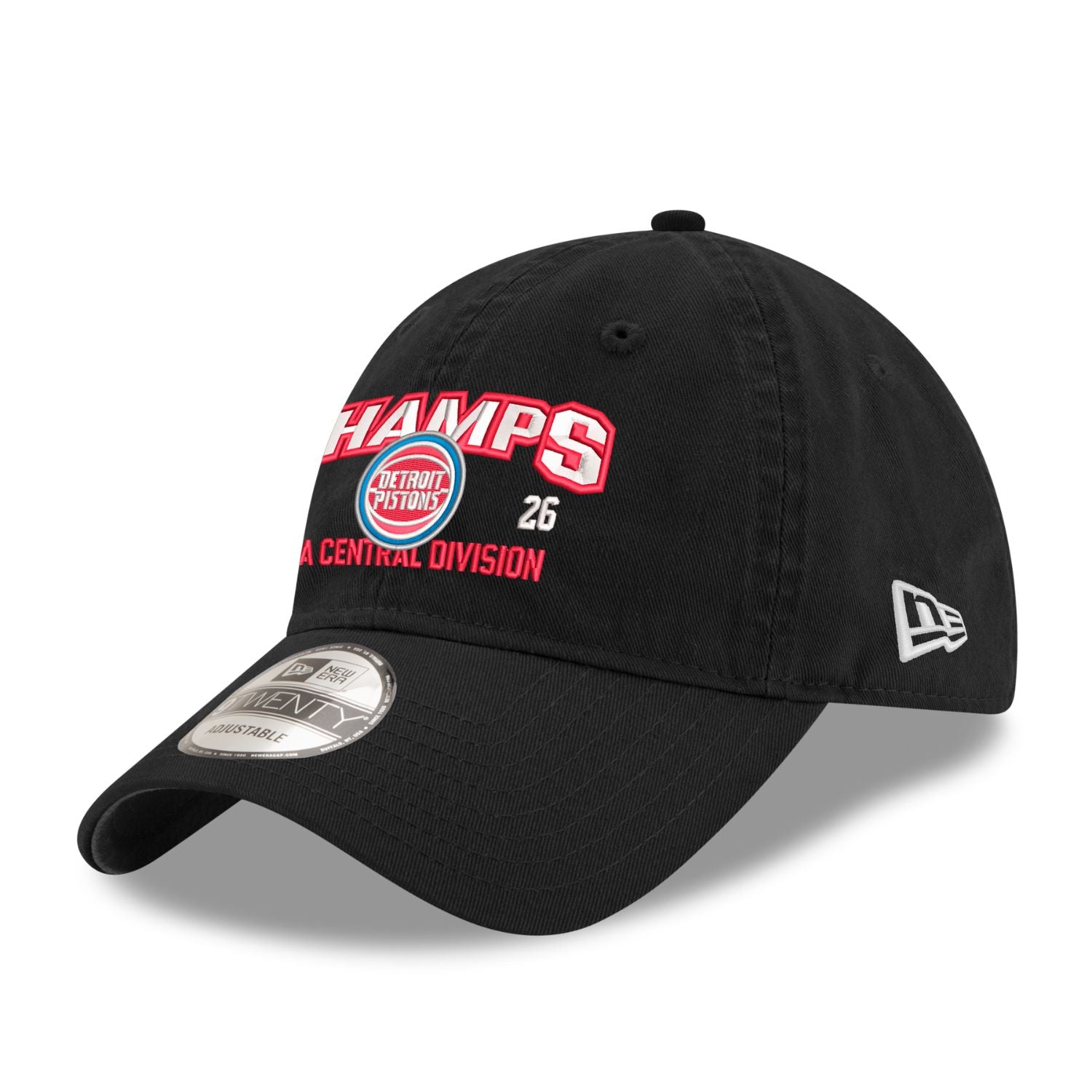 Detroit Pistons 2025-26 Central Division Champs New Era 920 Adjustable Hat in Black - Front Left View