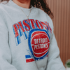 Model Wearing Detroit Pistons Vintage Collection Stacked Crewneck Sweatshirt - Graphic Detail