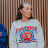Model Wearing Detroit Pistons Vintage Collection Stacked Crewneck Sweatshirt 