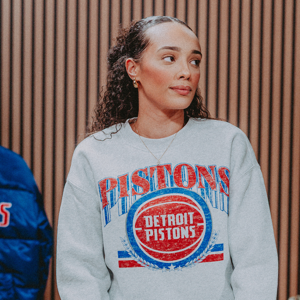 Model Wearing Detroit Pistons Vintage Collection Stacked Crewneck Sweatshirt 