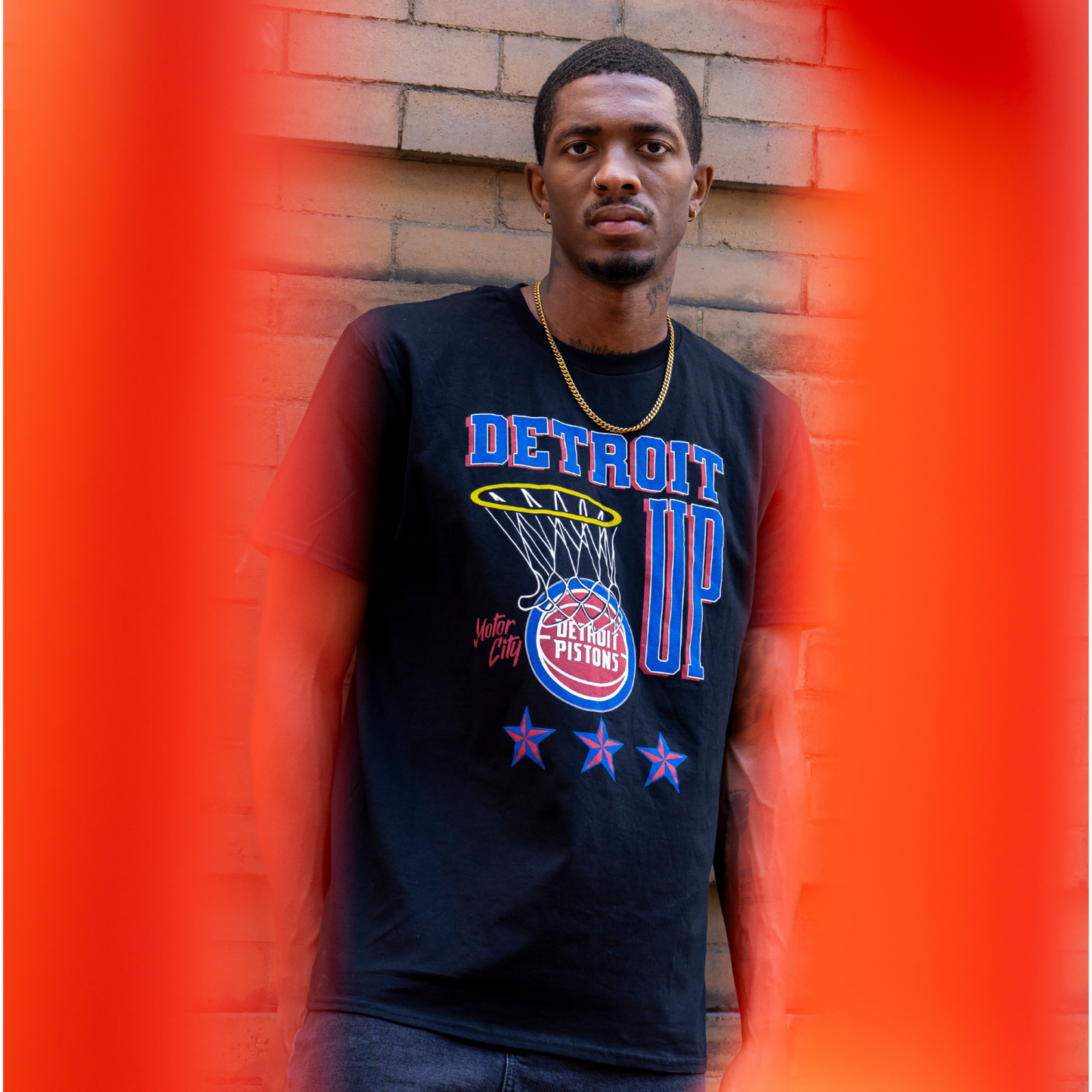 Model Wearing Pistons 'Detroit Up' T-Shirt in Black - Front View