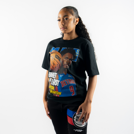 Model wearing Ausar Thompson SLAM Magazine 257 Cover T-Shirt in Black - Front View