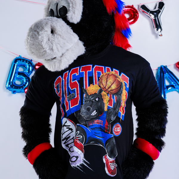 Hooper wearing Detroit Pistons x Kiwiclo Hooper's Birthday Dunk T-Shirt in Black - Front View