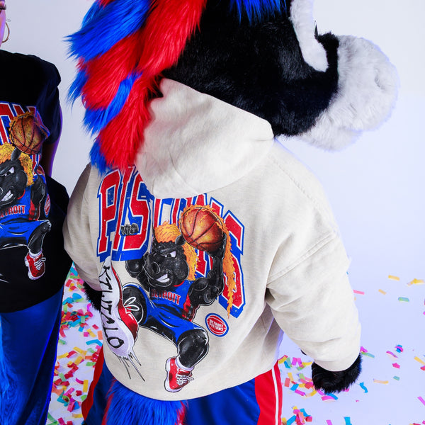 Hooper Wearing Detroit Pistons x Kiwiclo Hooper's Birthday Dunk Hoodie in White - Back View