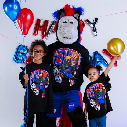 Children wearing Youth Detroit Pistons x Kiwiclo Hooper's Birthday Dunk T-Shirt in Black - Front View