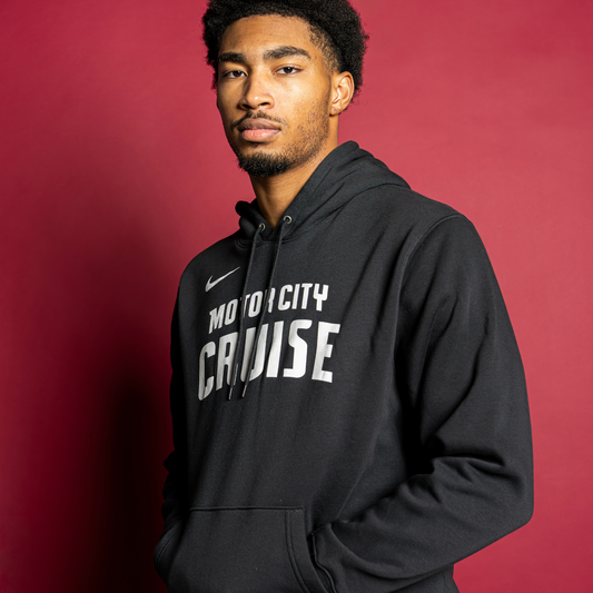 Model Wearing Motor City Cruise Nike Club Fleece Hoodie in Black - Front View