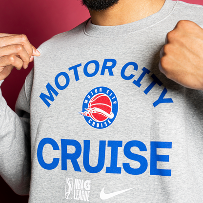 Model Wearing Motor City Cruise Nike Club Fleece Crewneck Sweatshirt in Grey - Front View