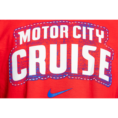 Model Wearing Motor City Cruise Nike Stacked T-Shirt in red - Detail View