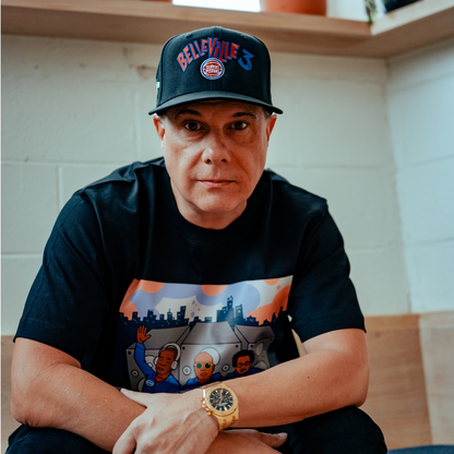 Model Wearing Detroit Pistons The Belleville Three New Era 5950 Hat in Black - Front View