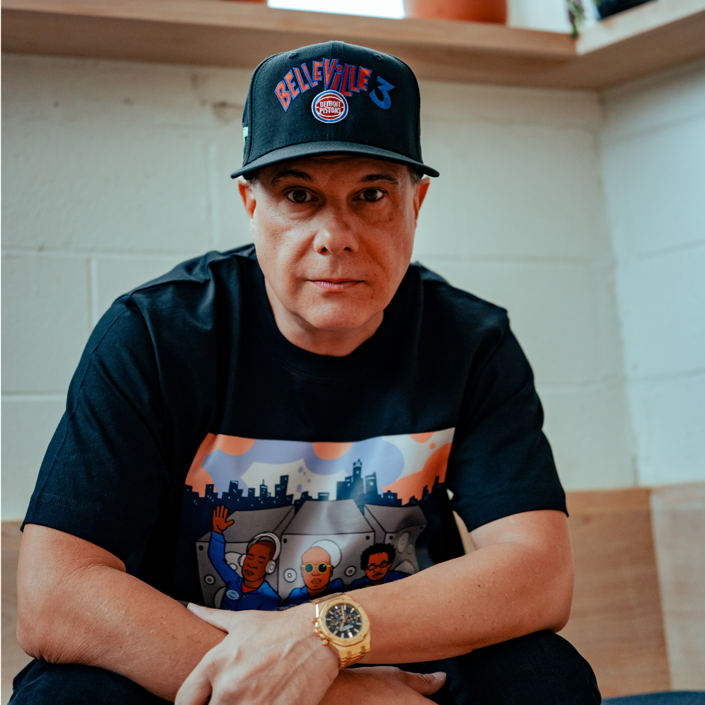 Detroit Pistons The Belleville Three T-Shirt in Black - Front View