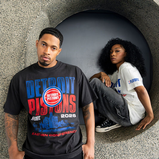 Detroit Pistons Playoffs '26 Skyline T-Shirt in Black - Front View