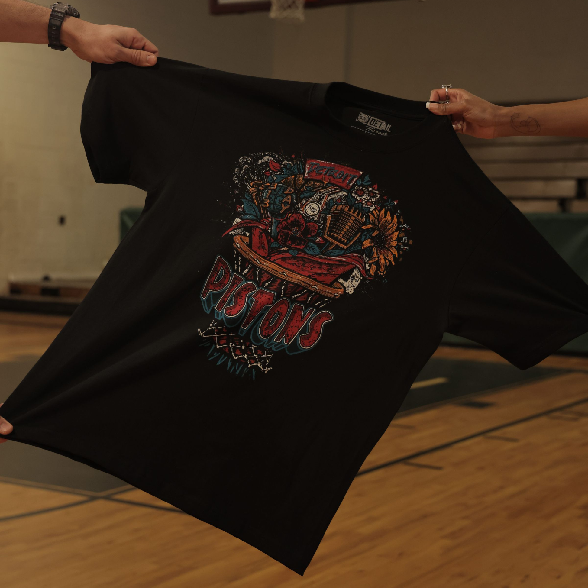 Pistons Detroit Basketball Bouquet Tee By 'JKo Studios' in Black - Front View