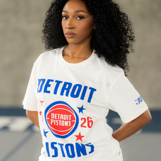 Model Wearing Detroit Pistons Playoffs '26 Stars T-Shirt - Front View